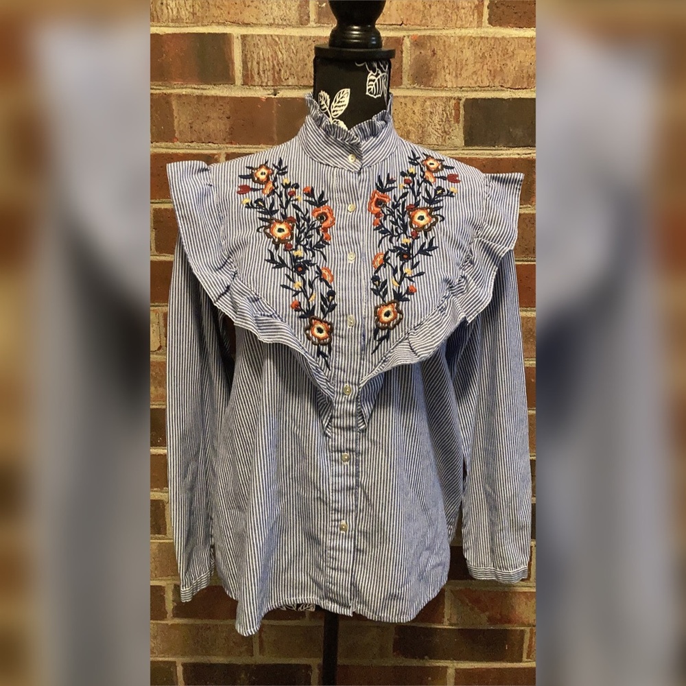 Blouse Ruffle Neck Floral Embroidered